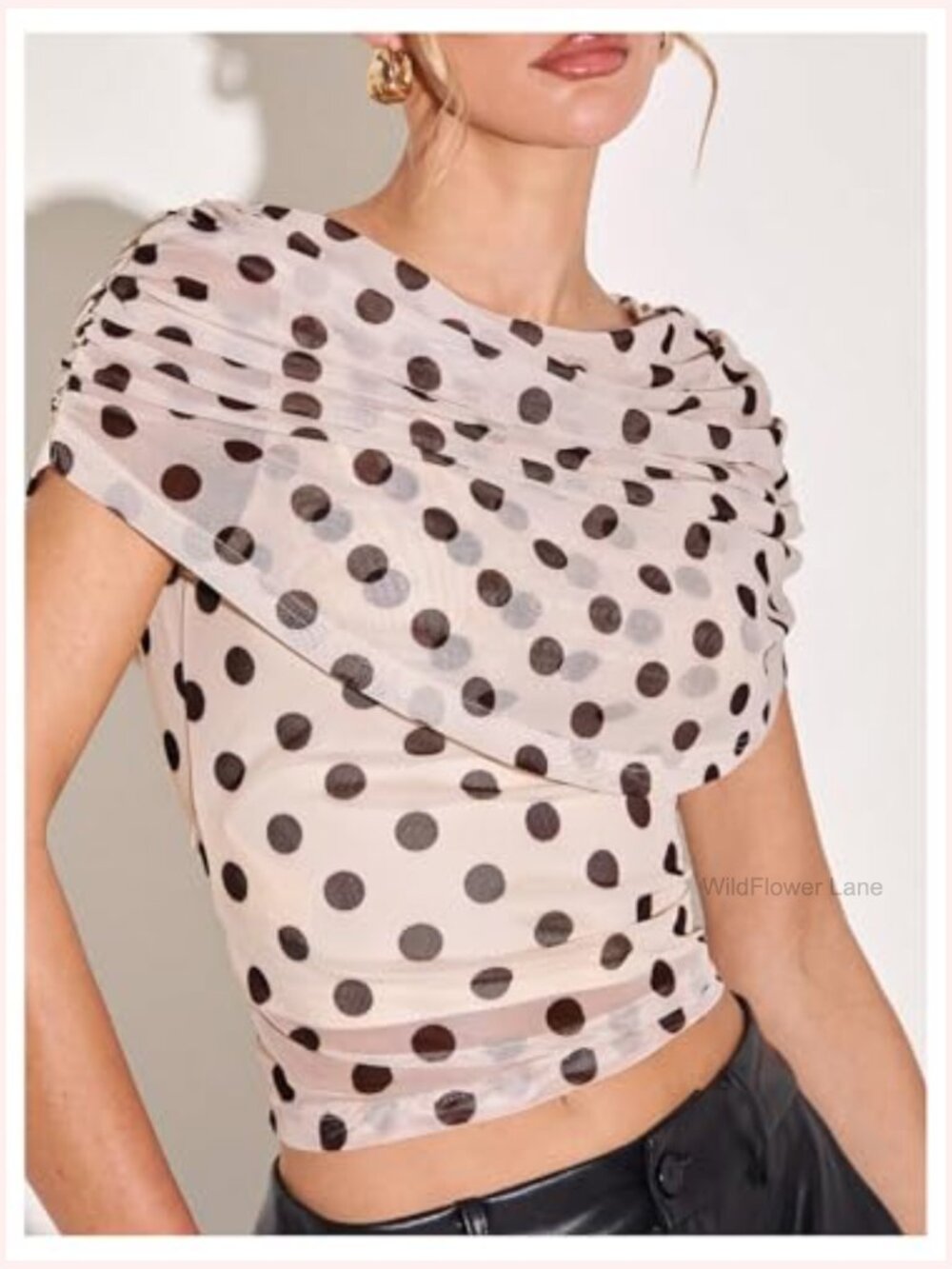 Polka Dots Ruched Mesh Asymmetrical Blouse Going Out Top - Picture 5 of 6